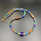 Chevron Trade Glass Beads With Antique Etched Agate & Turquoise Beads Necklace, LBBR-29