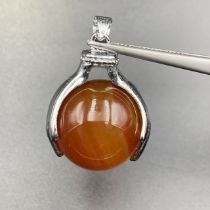 74.45Cts Awesome Natural Carnelian Sphere Agate With Holding Hands Stainless Steel Pendant. BCM-5