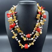 Elegant Natural Red Coral & Pearls Beads Necklace