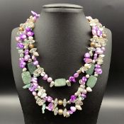 Brilliant Clear Quartz, Jasper with Colored Pearls Beads Necklace.