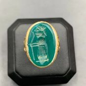 Beautiful Vintage Handmade Carved Old Green Agate Ring With Bronze.