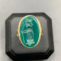 Beautiful Vintage Handmade Carved Old Green Agate Ring With Bronze.
