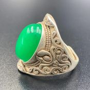 Wonderful Chinese Antique Handmade Brass & Green Agate Ring, LBBR-85