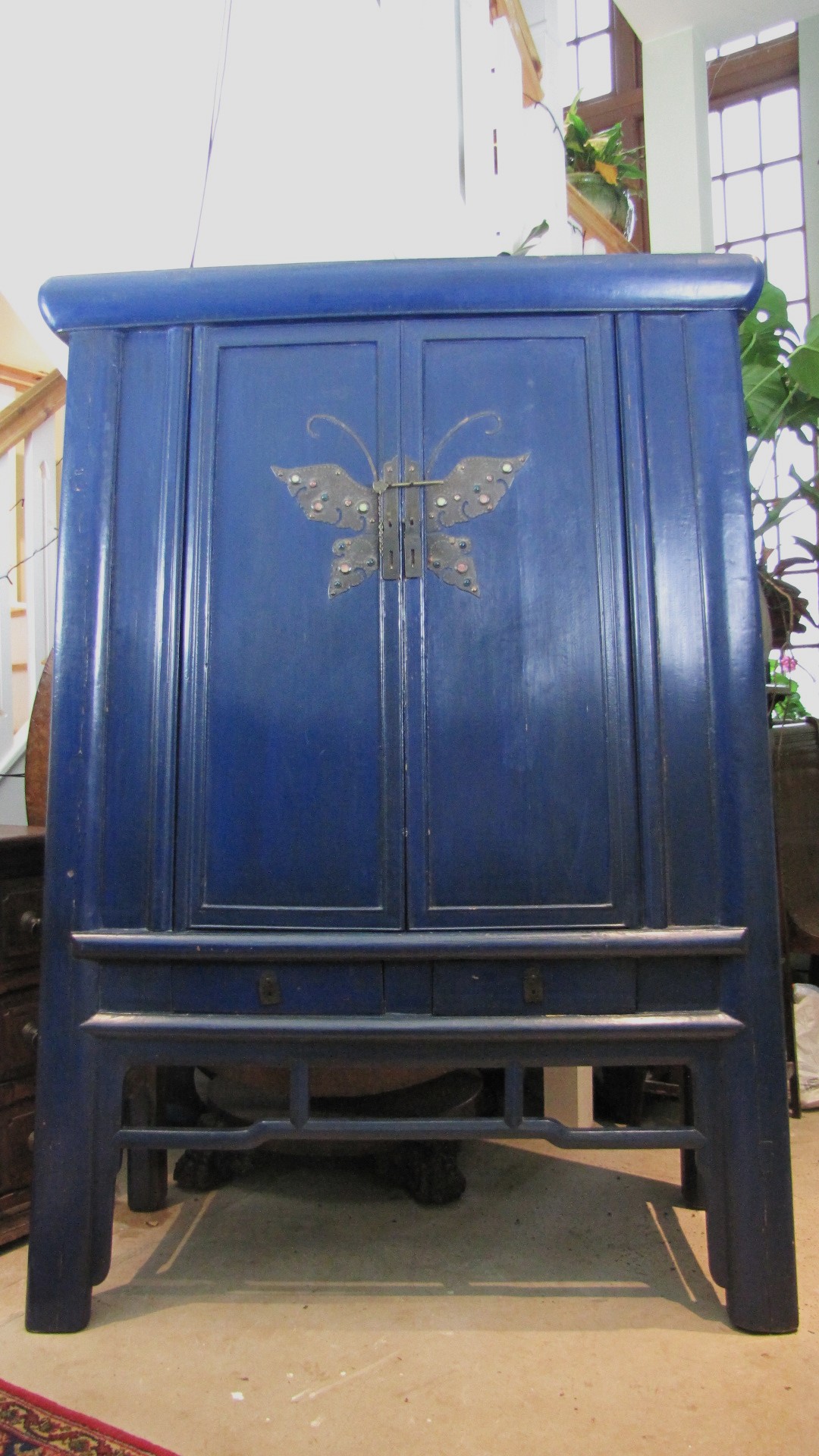 Antique Chinese Blue Lacquer Marriage Cabinet