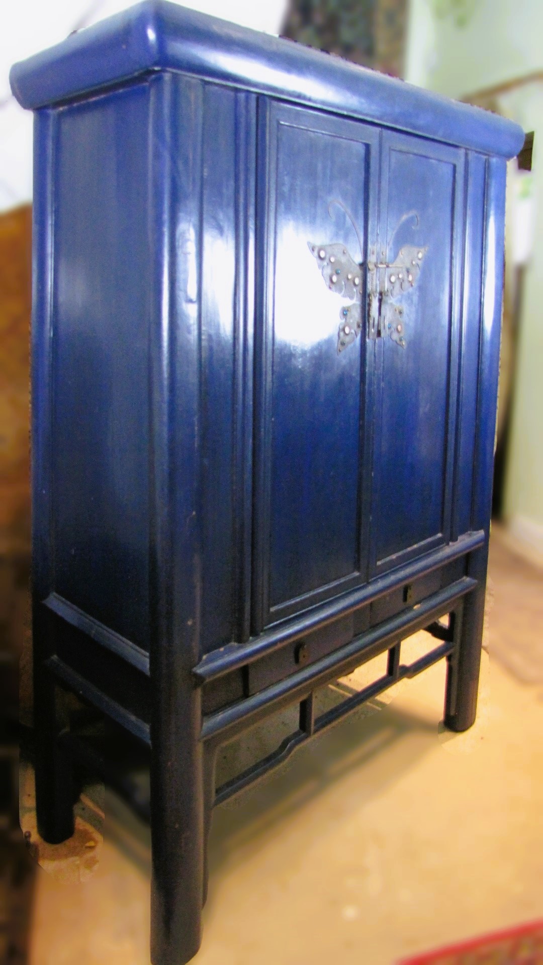 Antique Chinese Blue Lacquer Marriage Cabinet - Image 5 of 5