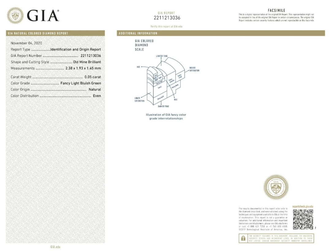 1 Pcs Diamond - 0.05ct - Old Mine - Fancy Light Bluish Green - GIA Certified - Image 2 of 2
