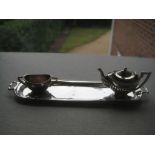 Antique Miniature Silver Teapot and Sugar Bowl, Tray Set