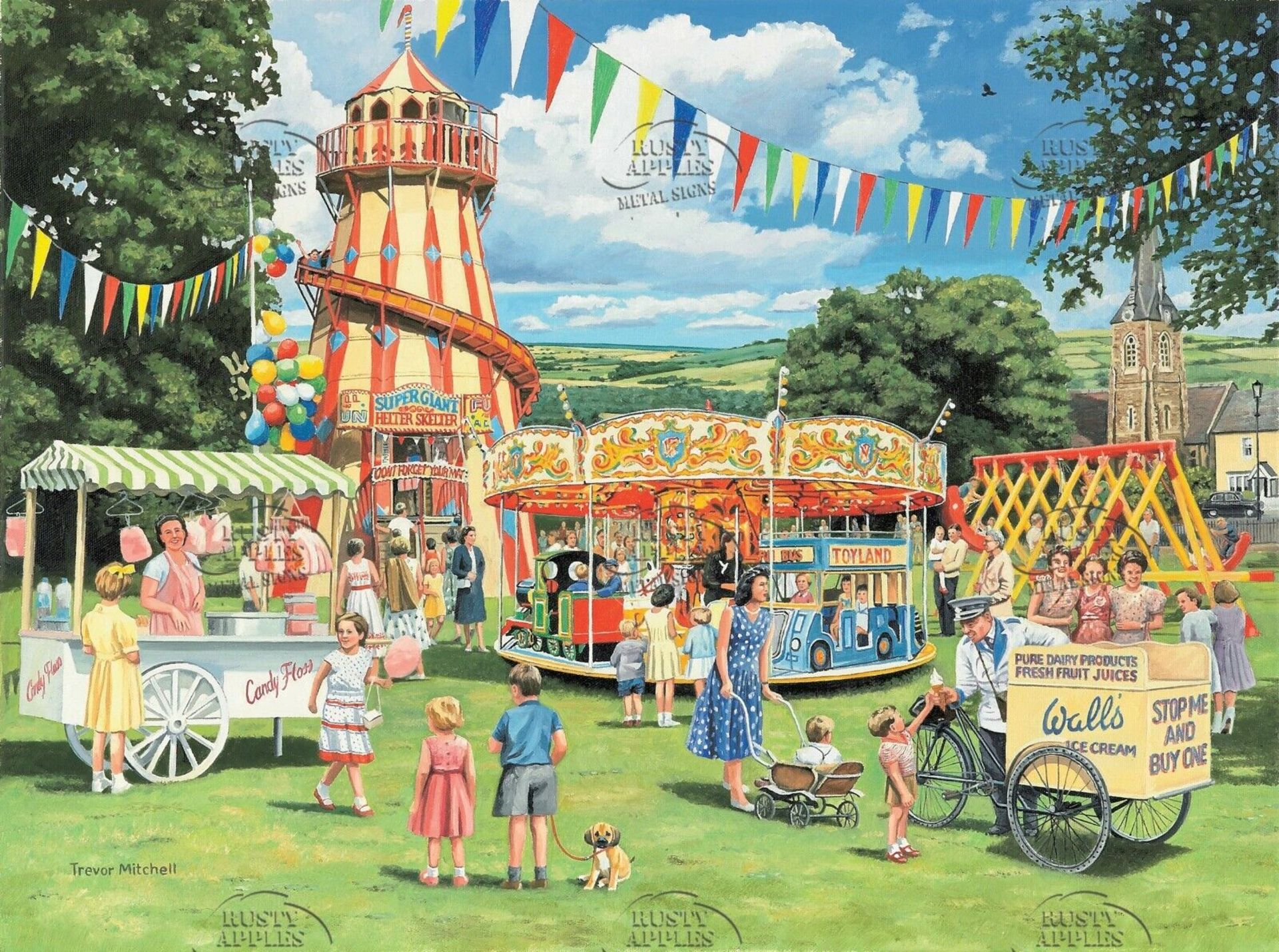 Vintage Village Summer ""Funfair On The Green"" Large Metal Wall Art