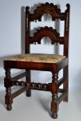 Set of 4 Early 20th Century Derbyshire Style Oak Back Stool Chairs With An Unusual Spiders Web Ma...