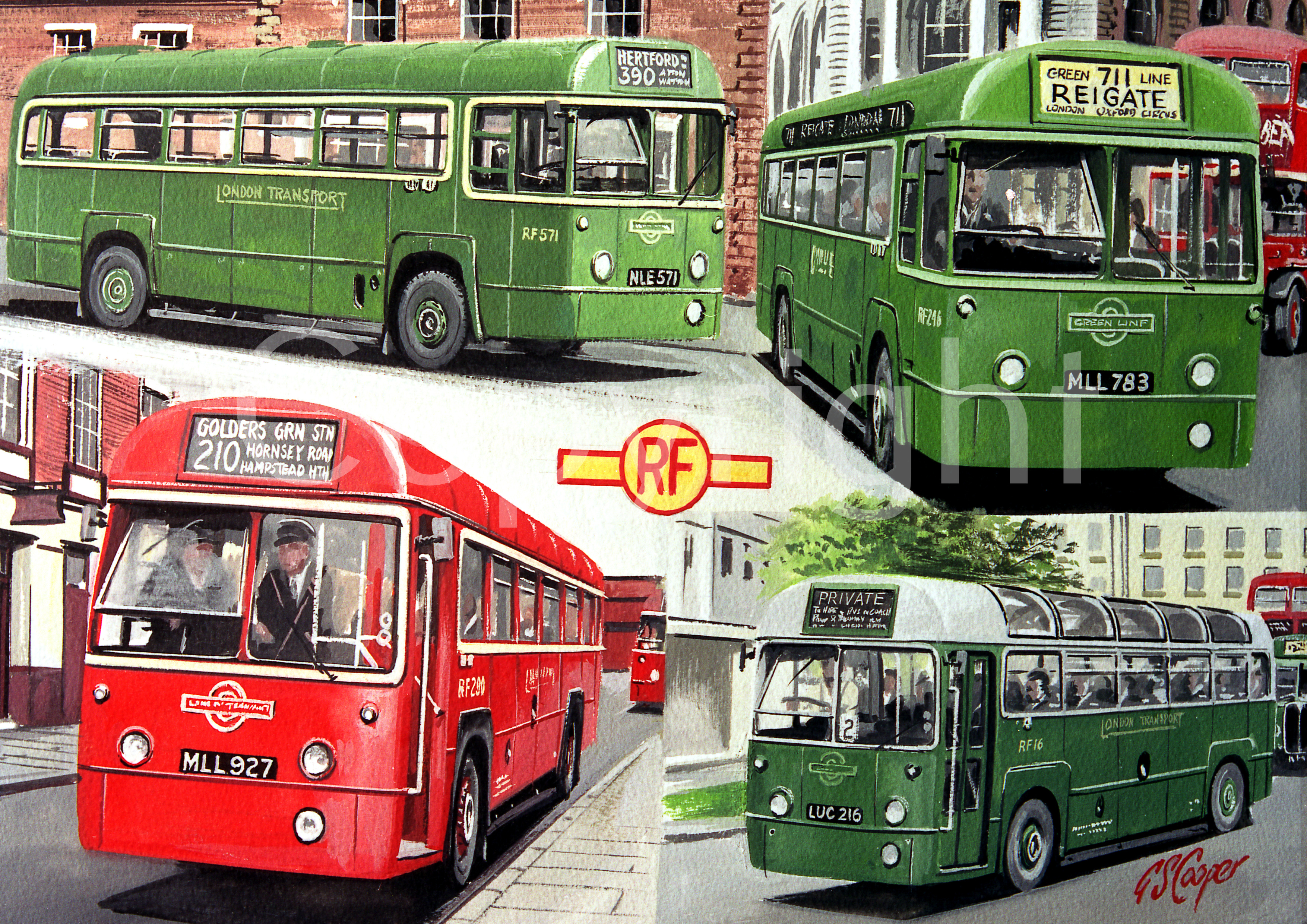 London Transport RF Bus Montage Large Metal Wall Art.