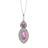 14ct White Gold Marquise Cluster Diamond and Ruby Pendant and chain 0.08 Carats