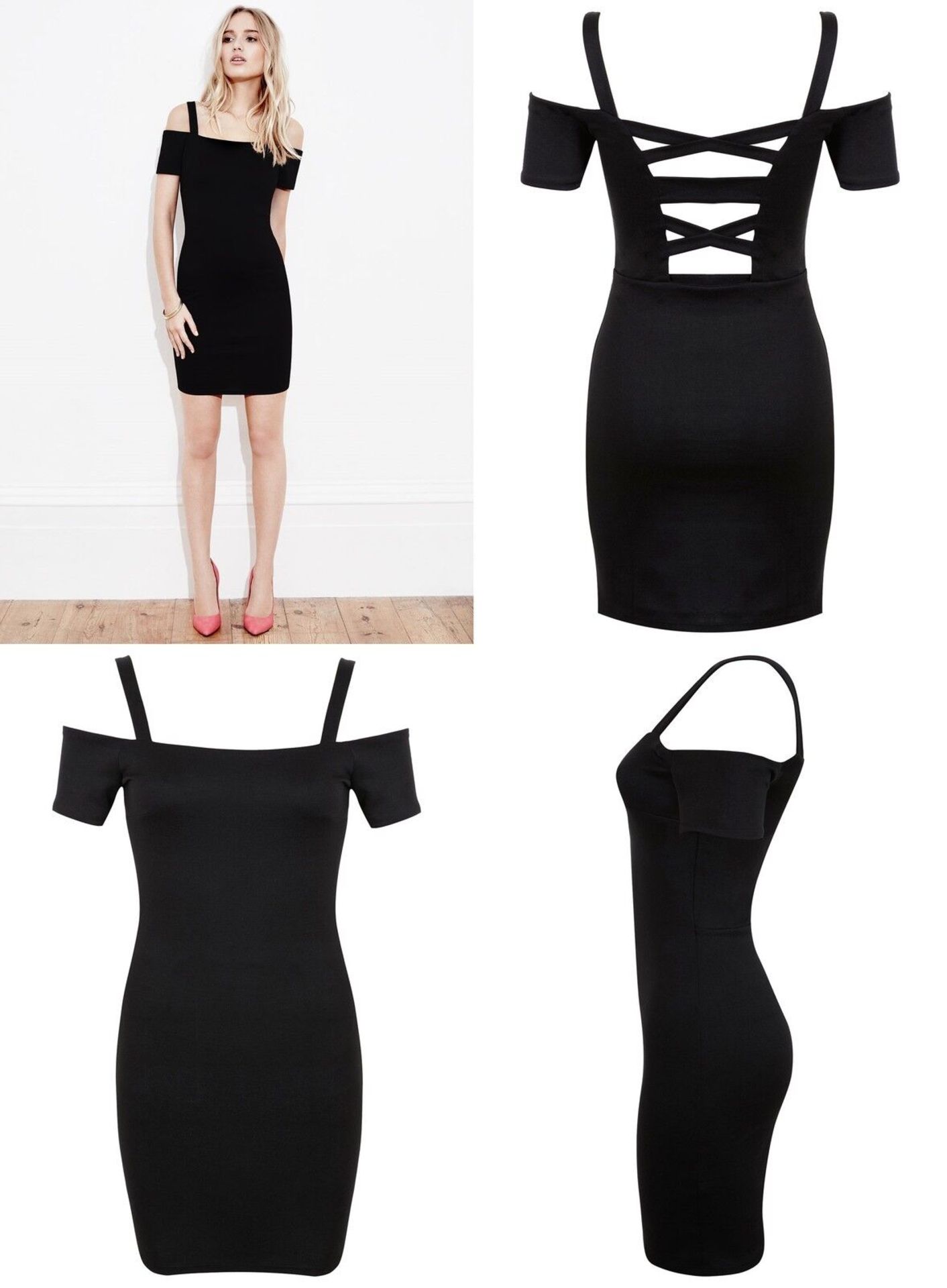 Liquidation Stock Women's Miss Selfridge Black Bodycon Strap Bardot Dress x 60 - Image 2 of 2