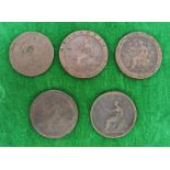 Collection of 5 Georgian One Penny Coins