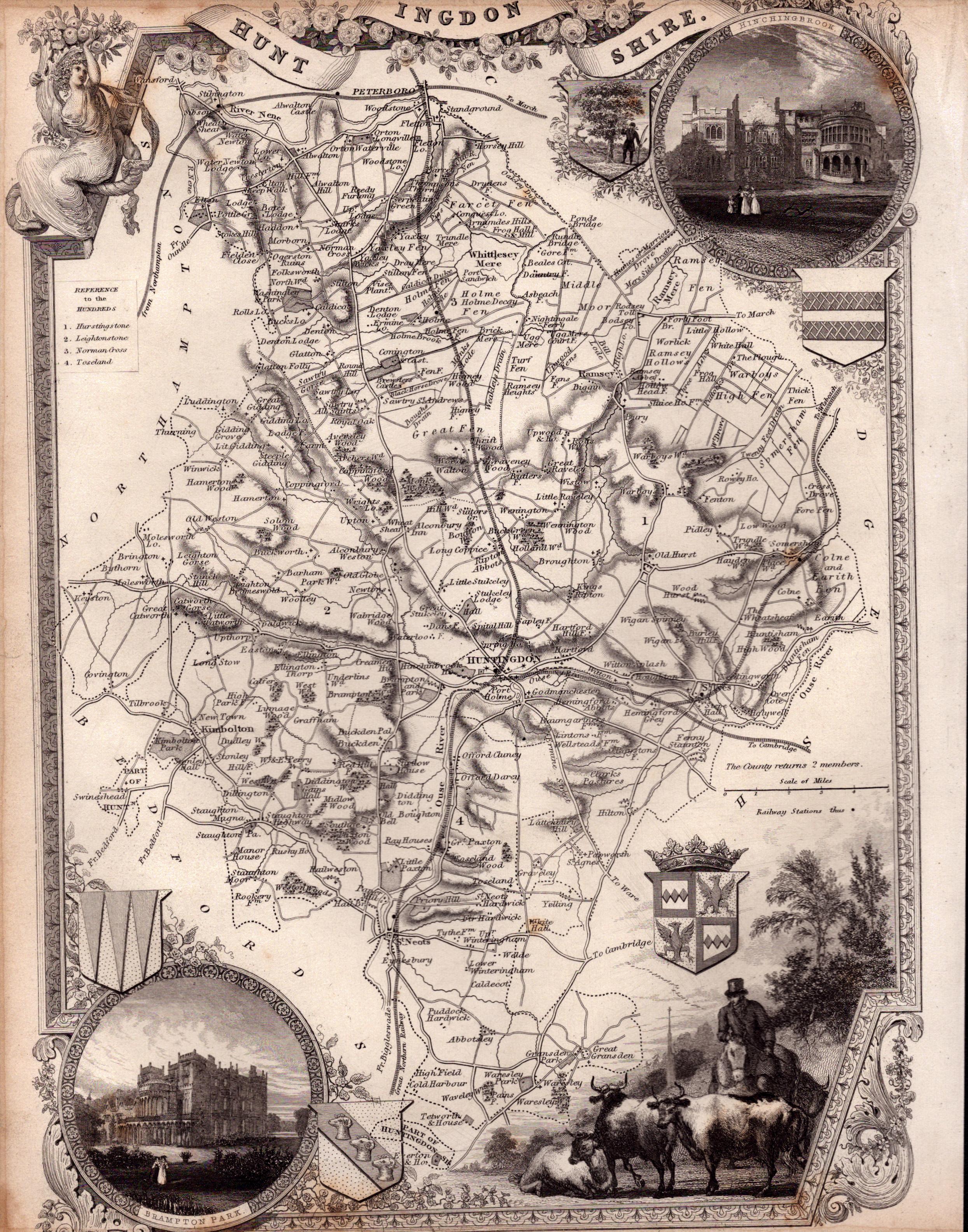 Huntingdonshire Steel Engraved Victorian Antique Thomas Moule Map.