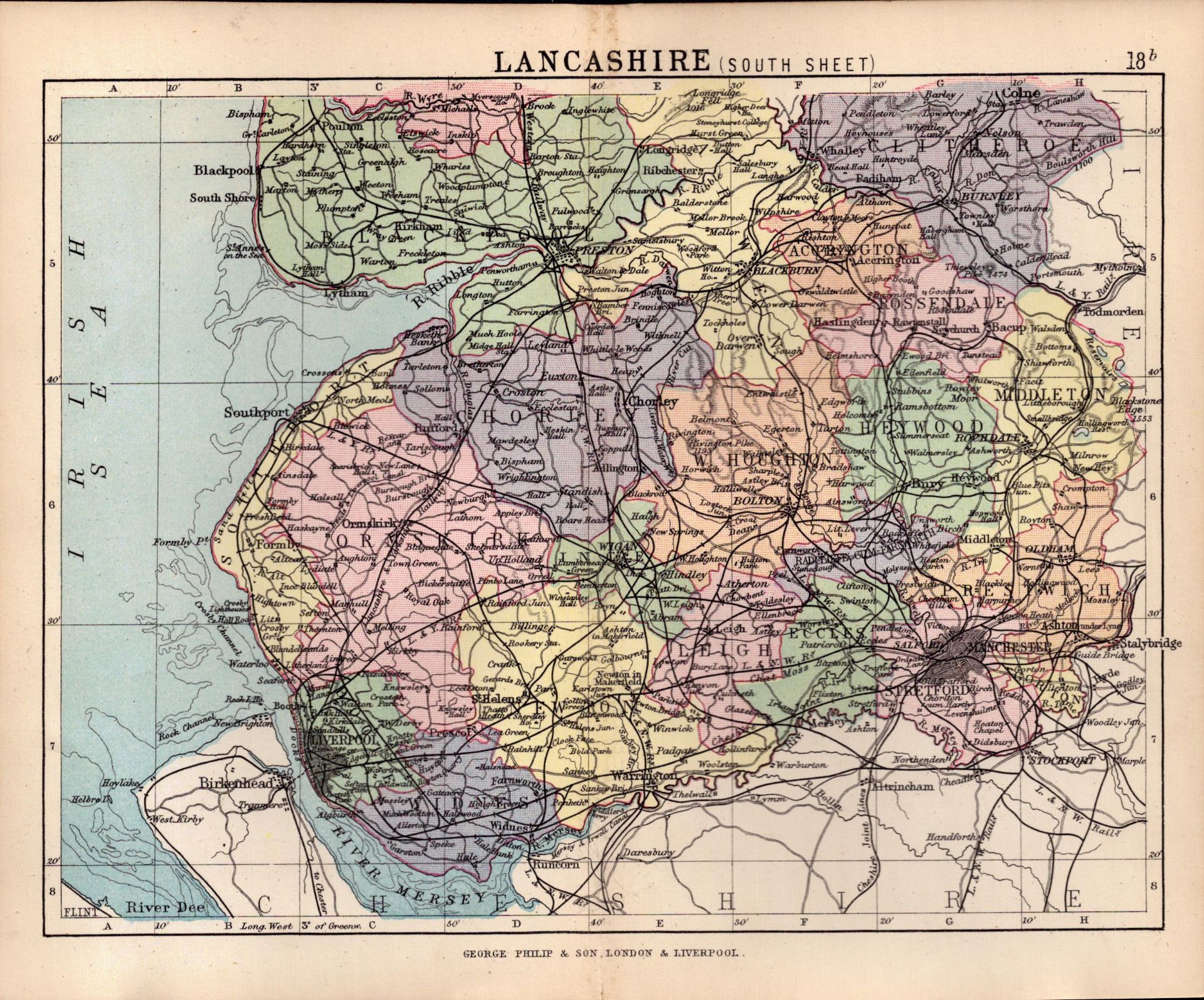 Lancashire South 1895 Antique Victorian Coloured Map.