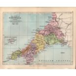 County of Cornwall 1895 Antique Victorian Coloured Map.