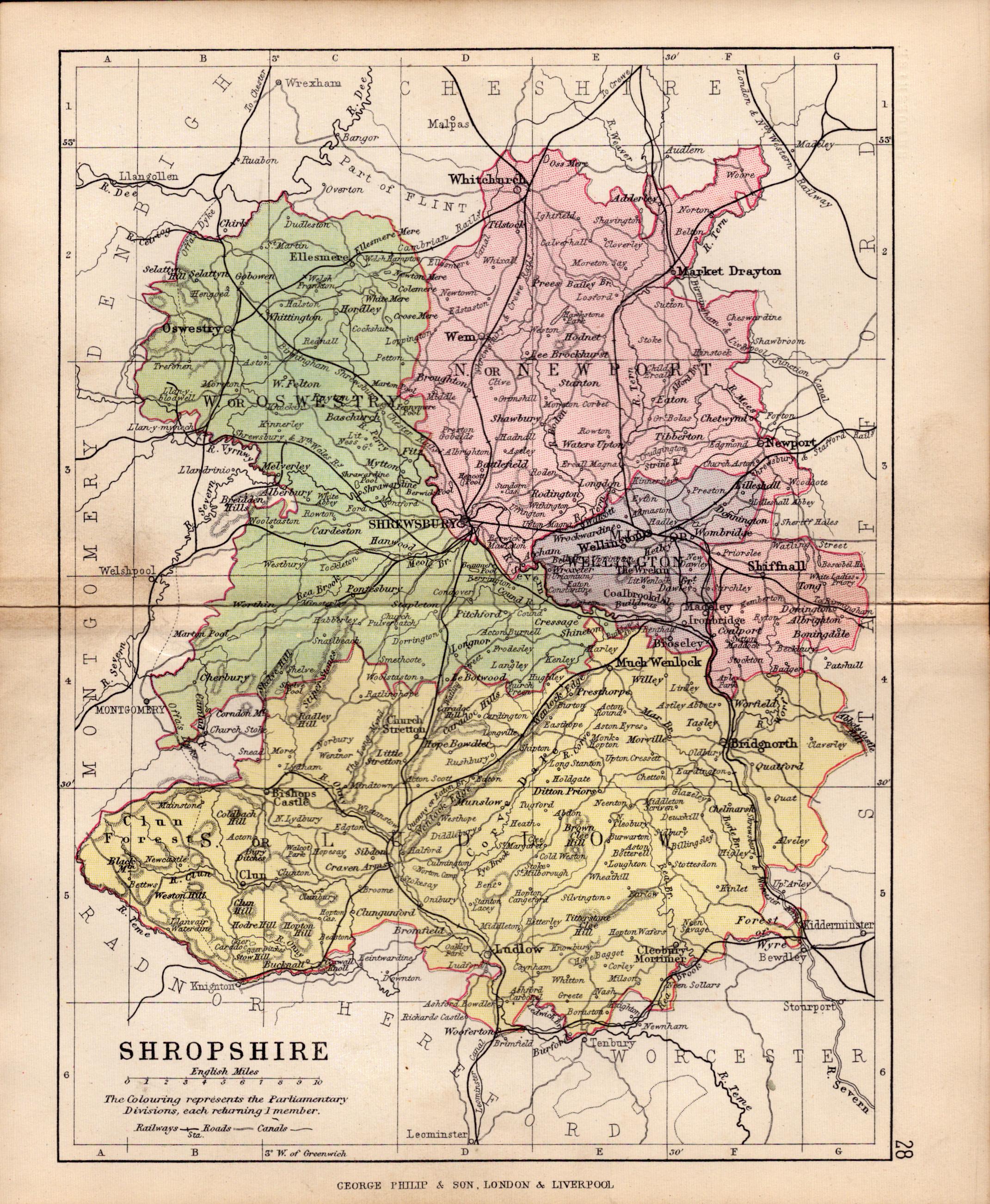 County Shropshire 1895 Antique Victorian Coloured Map.