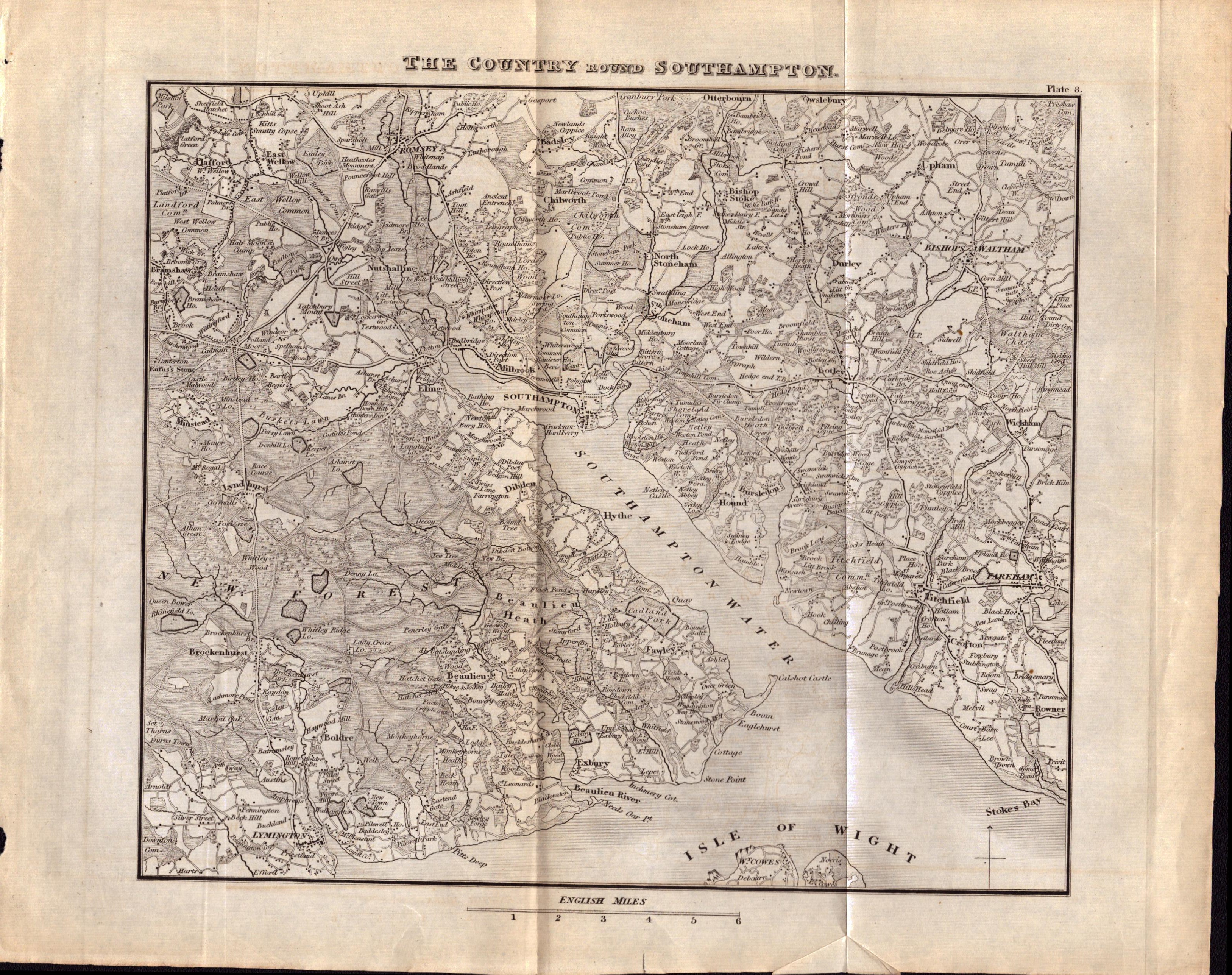 The County Around Southampton Georgian King George IV Antique Map.