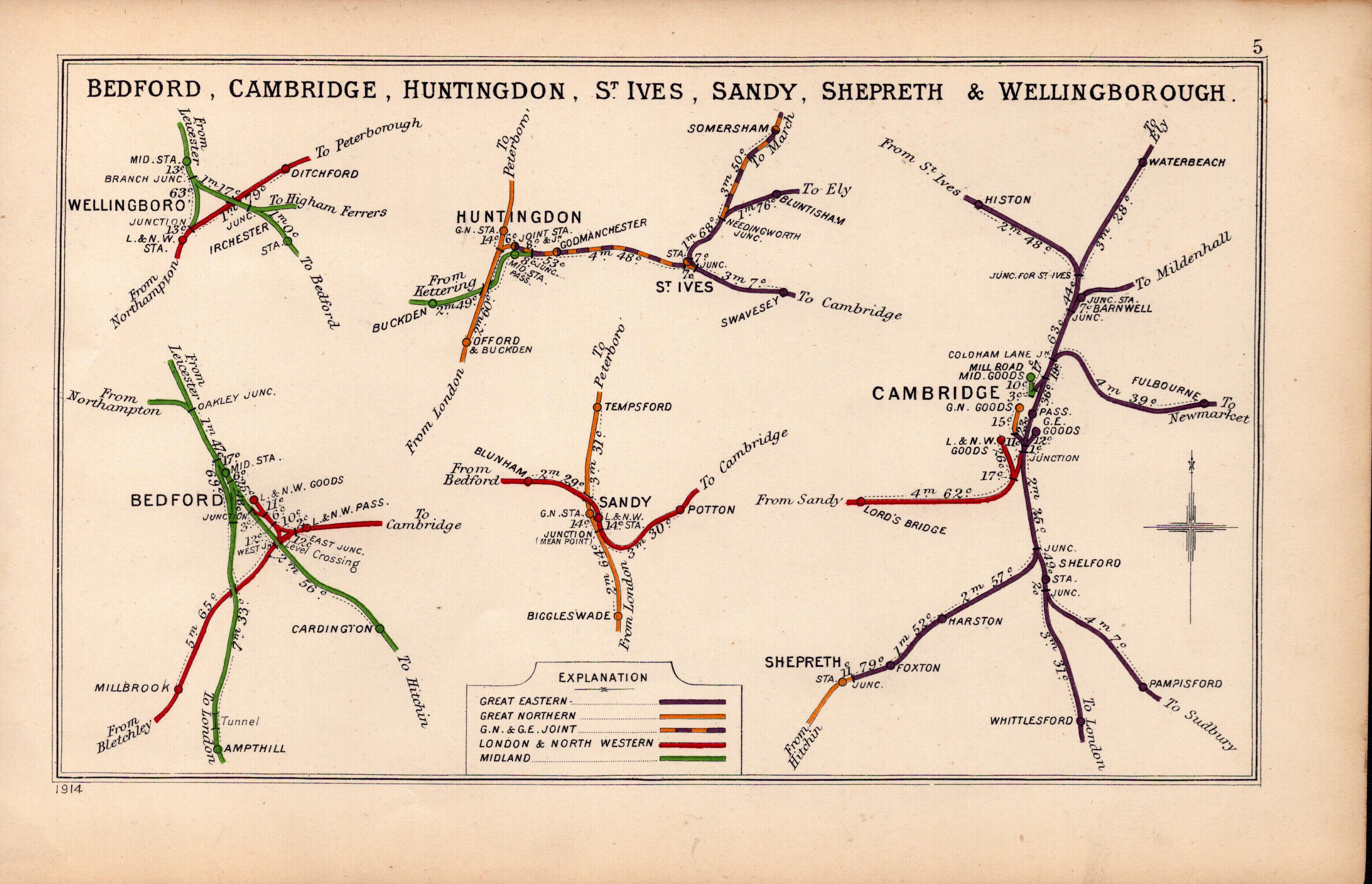 Bedford, Cambridge, Huntingdon, St Ives Antique Railway Junction Diagram-5.