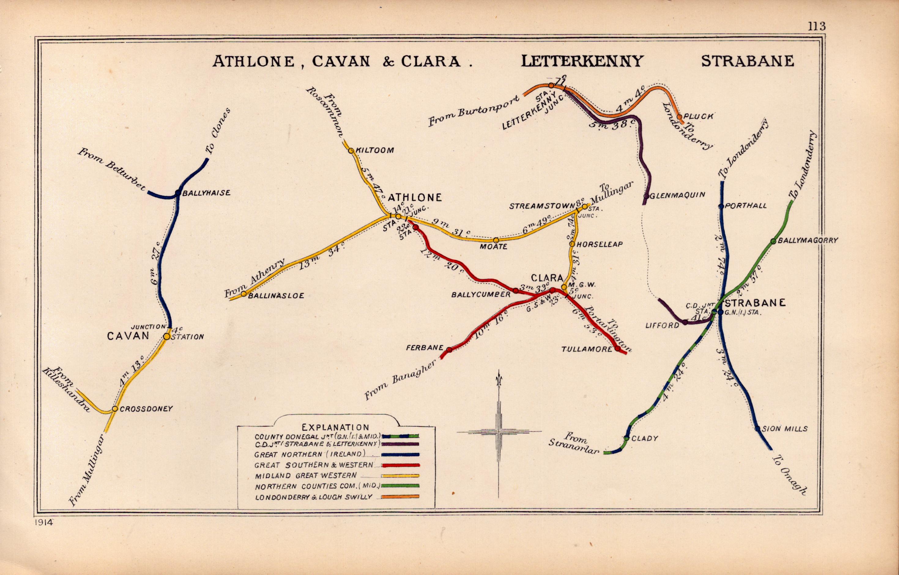 Athlone Cavan Letterkenny Strabane Ireland Antique Railway Diagram-113.