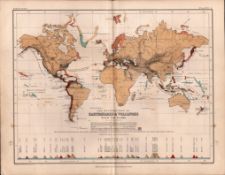 Worlds Earthquakes & Volcanoes 1871 WK Johnston Antique Map.