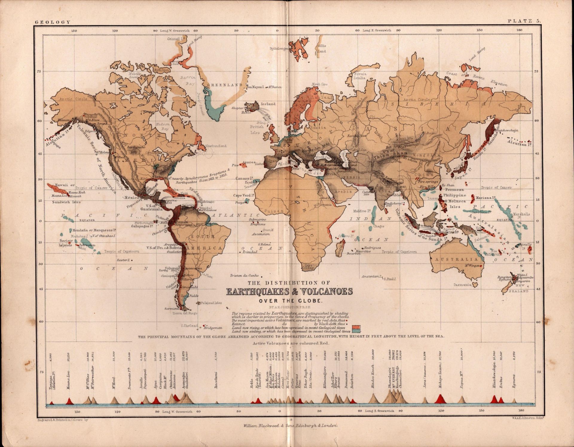 Worlds Earthquakes & Volcanoes 1871 WK Johnston Antique Map.