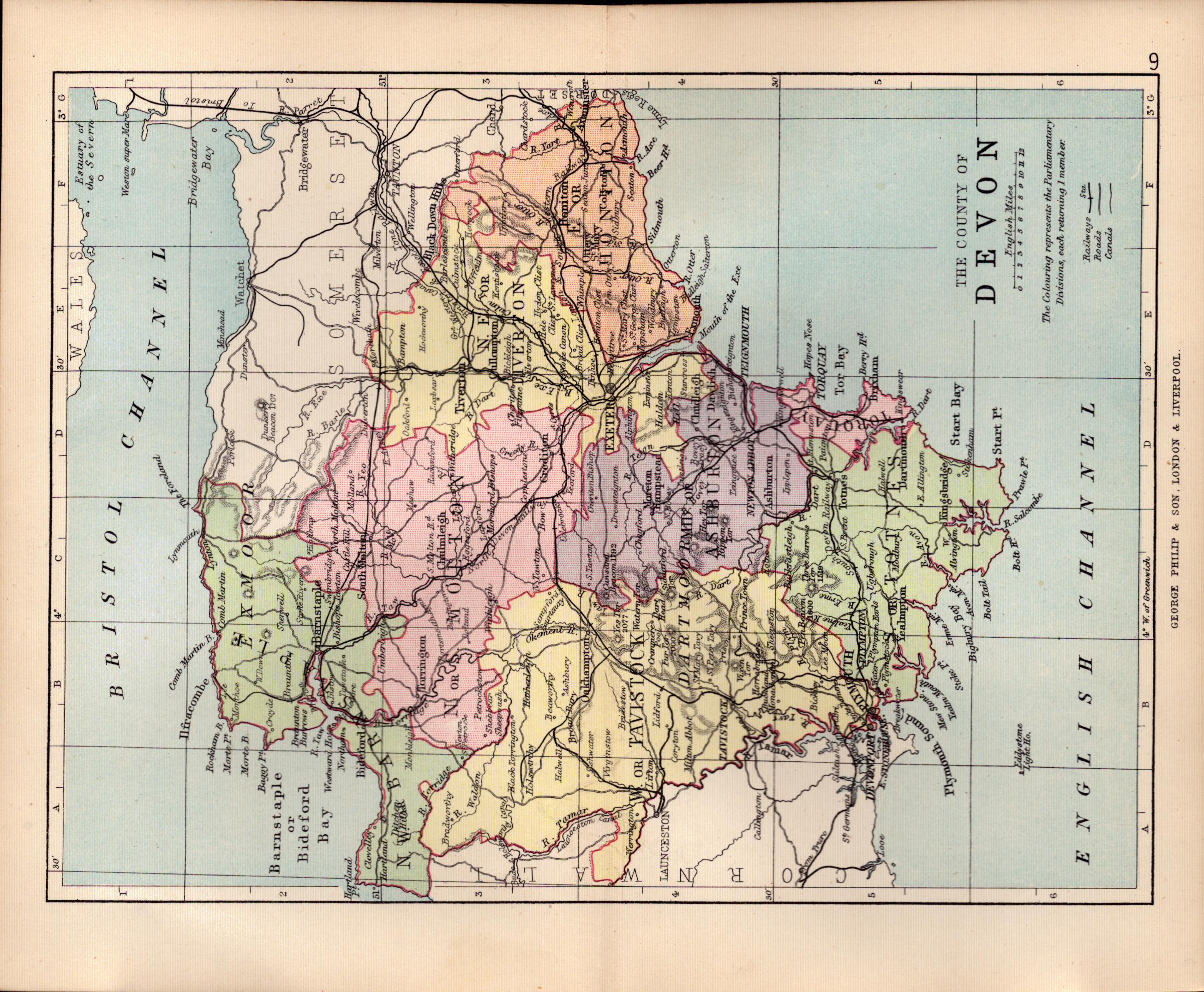 County Devonshire 1895 Antique Victorian Coloured Map.