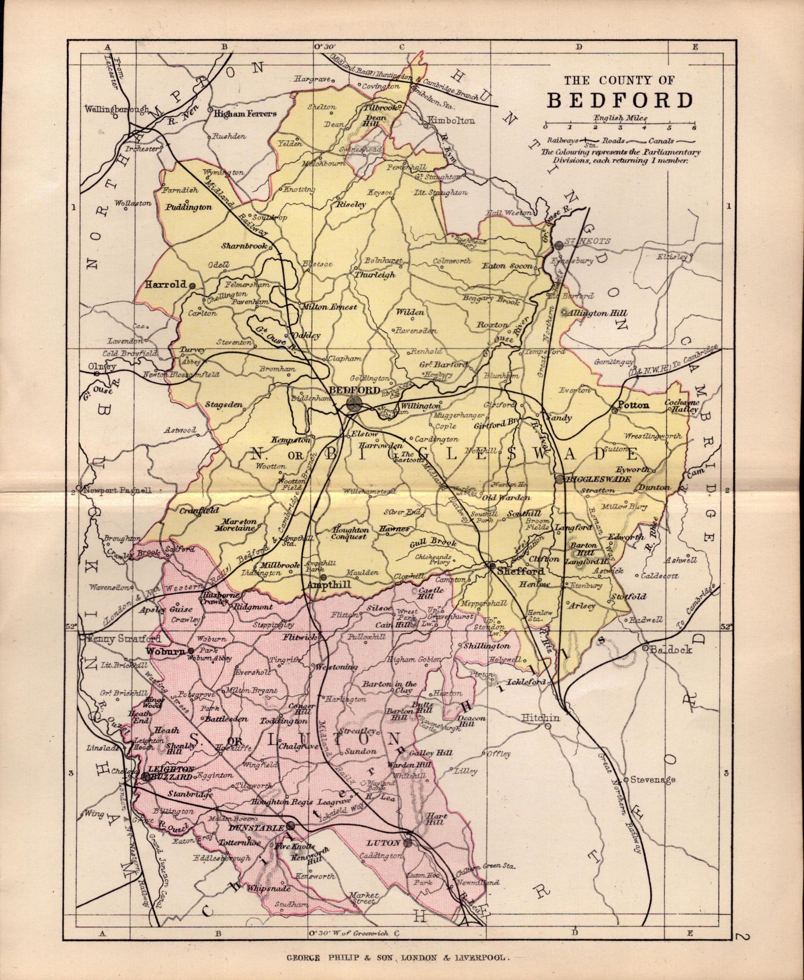 County of Bedfordshire 1895 Antique Victorian Coloured Map.