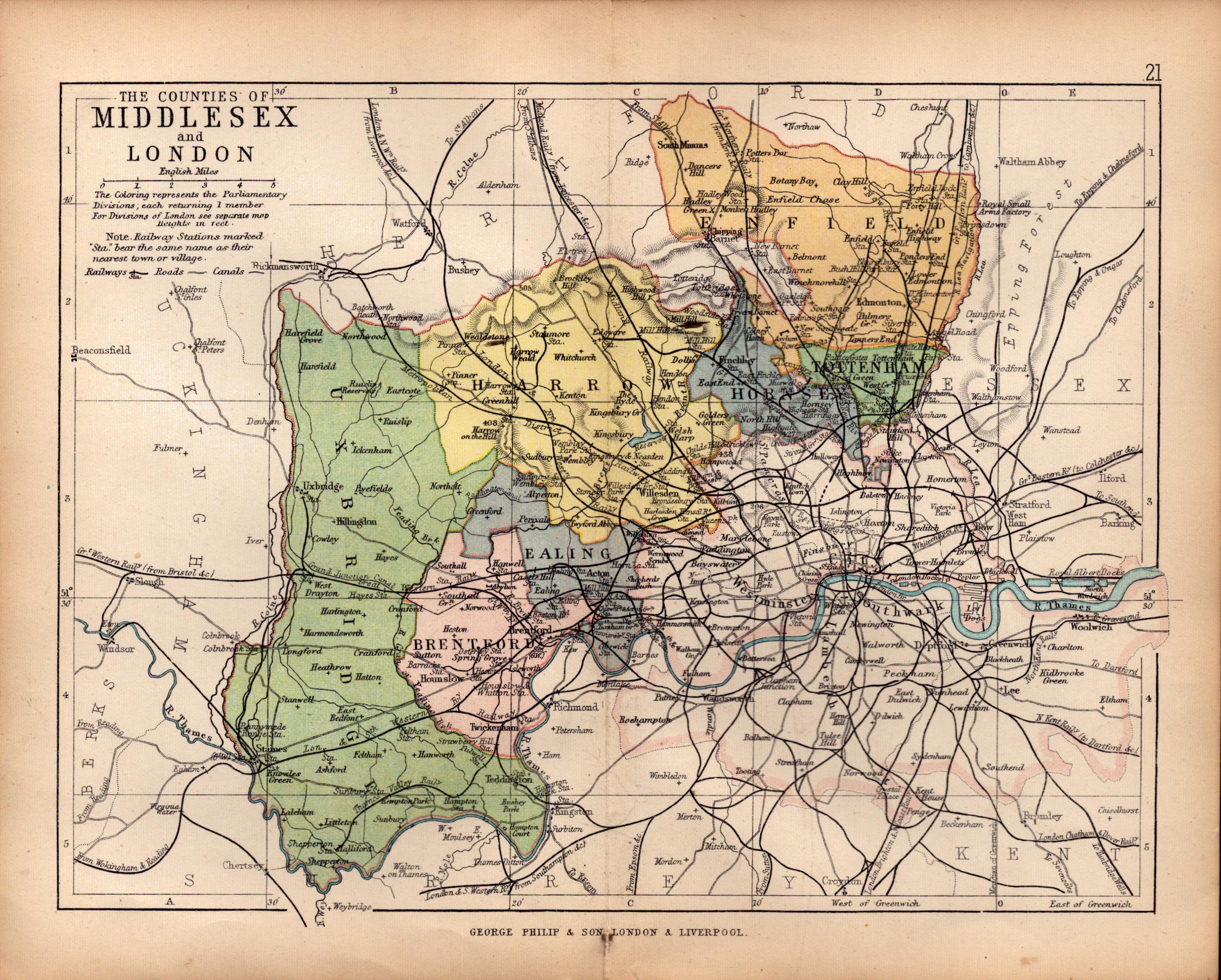 County Middlesex 1895 Antique Victorian Coloured Map.