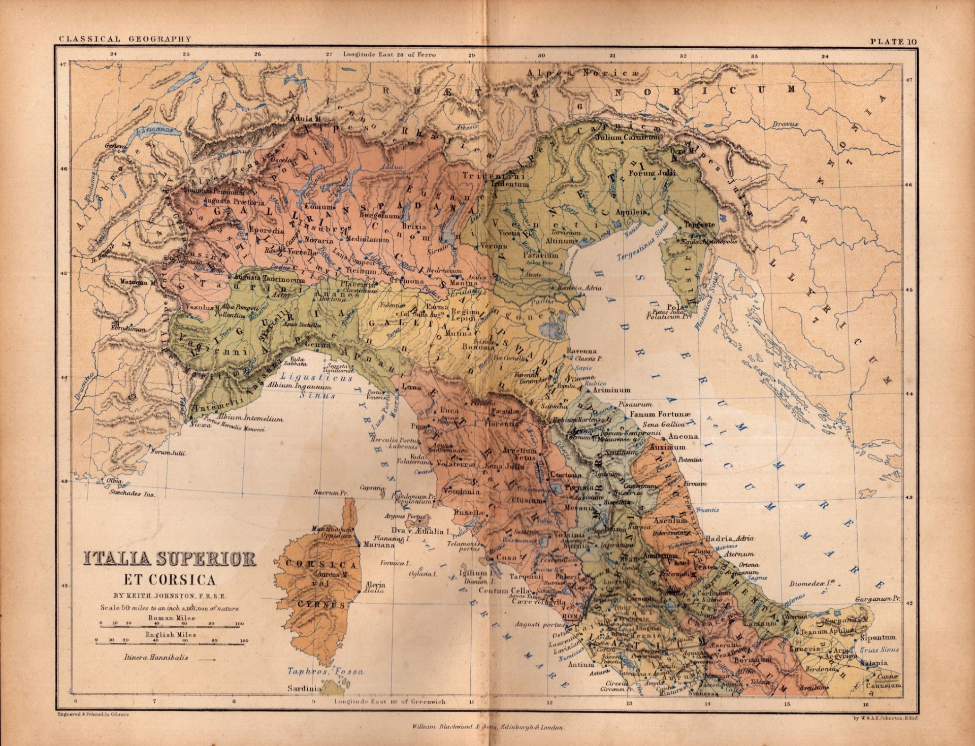Antique 1867 Coloured Classical Geography Map Italia Et Corsica.