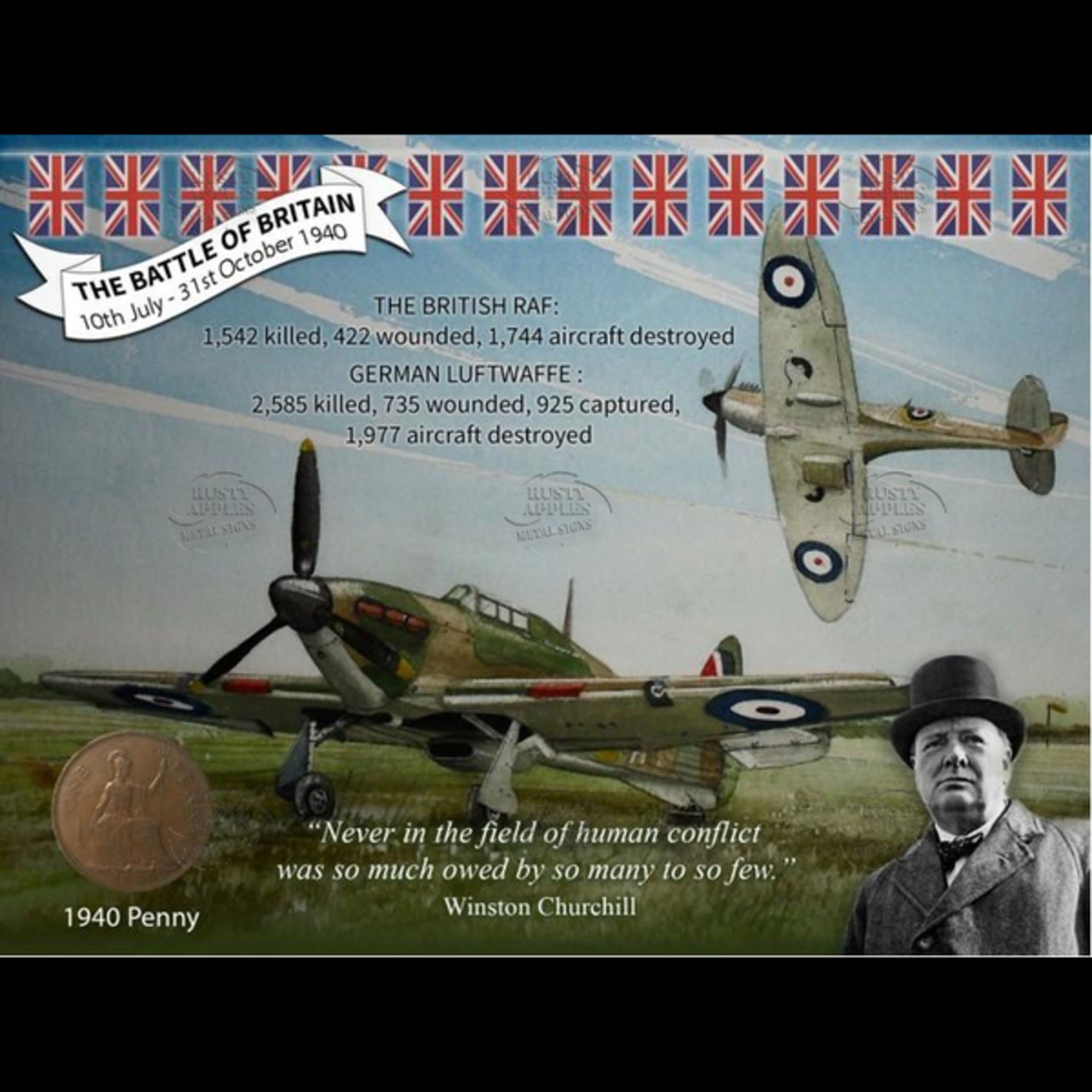 WW2 Battle Of Britain Spitfires & Hurricane Metal Wall Art Coin Display
