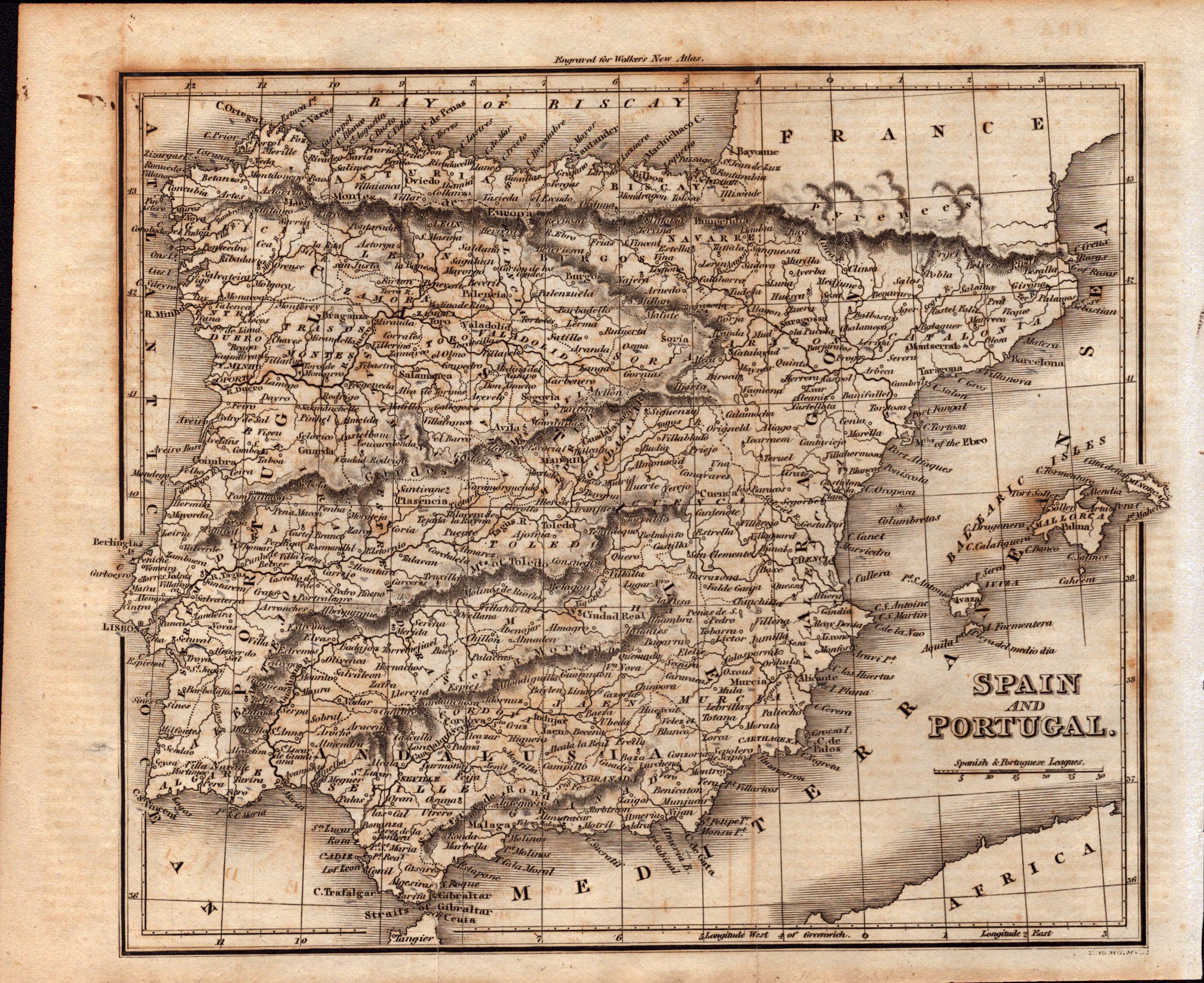 Spain & Portugal Rare 200 Years Old George VI Antique 1822 Map.