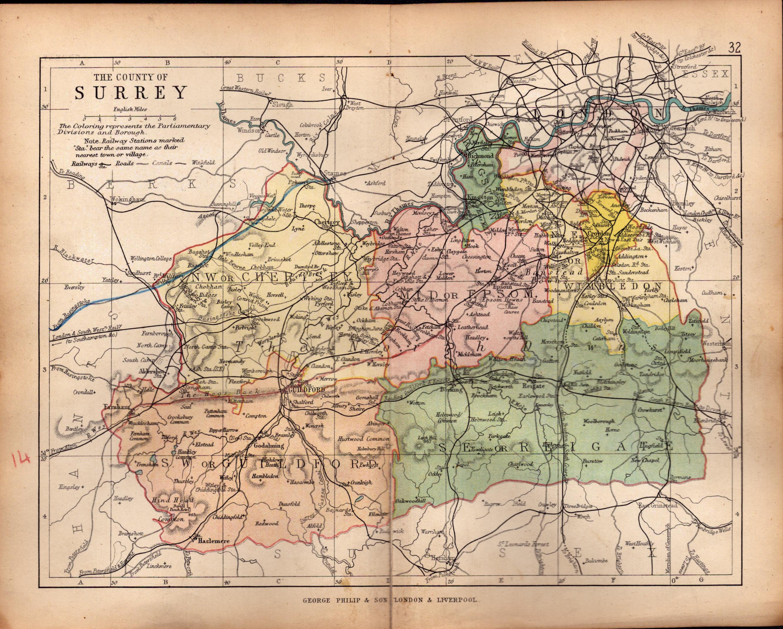 County Surrey 1895 Antique Victorian Coloured Map.