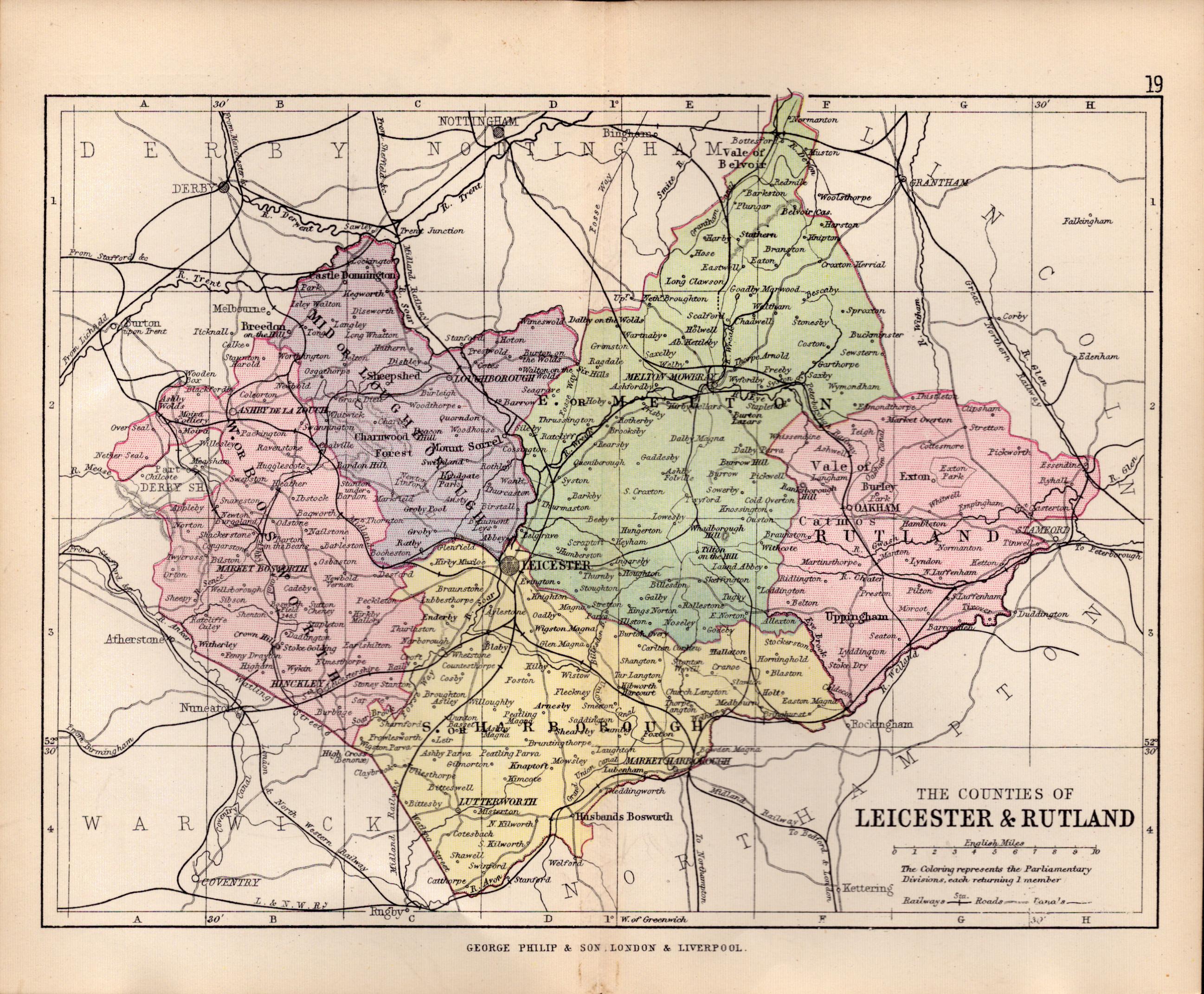 County Leicestershire 1895 Antique Victorian Coloured Map.