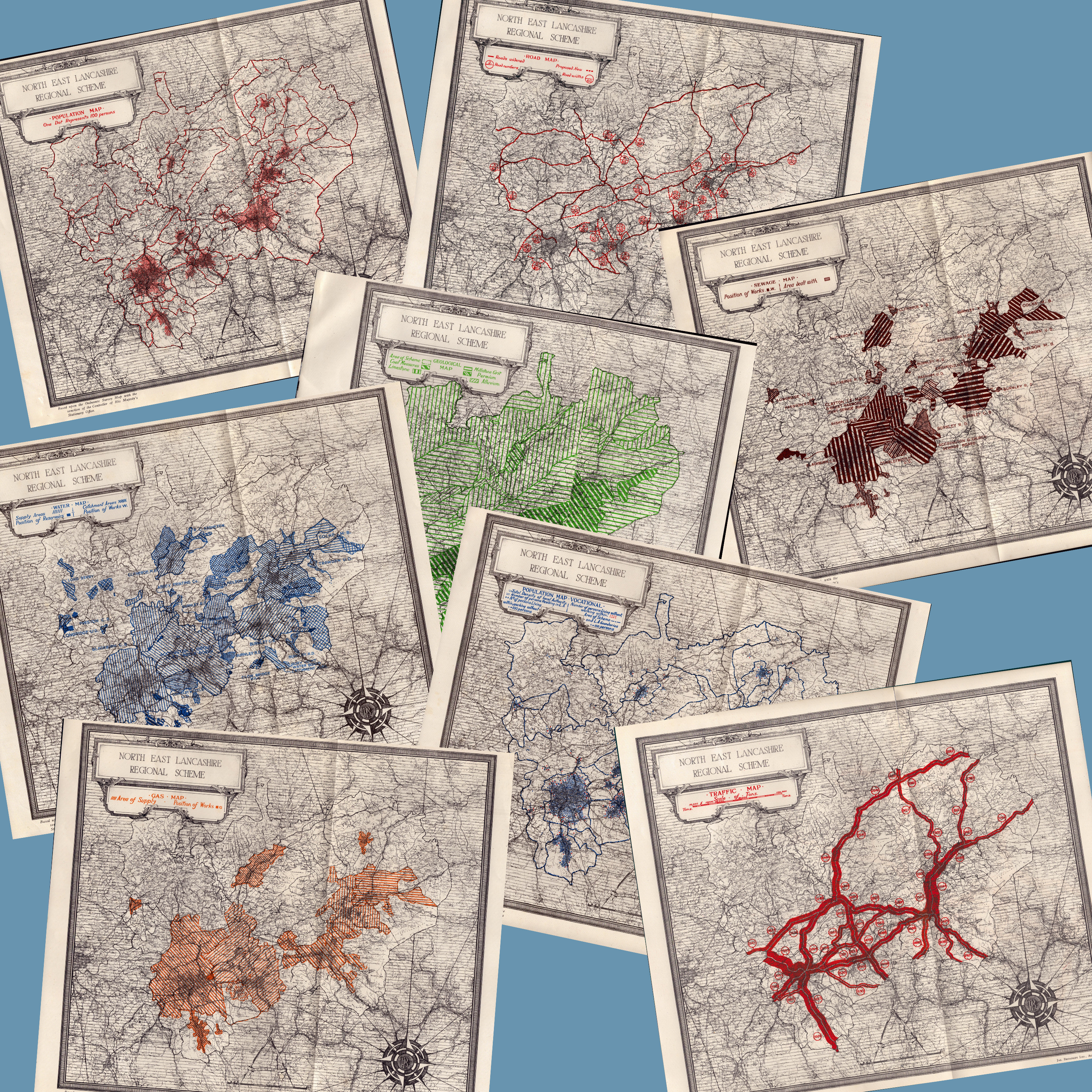 Collection of 9 North-East Lancashire 1929 Regional planning Scheme Report Maps