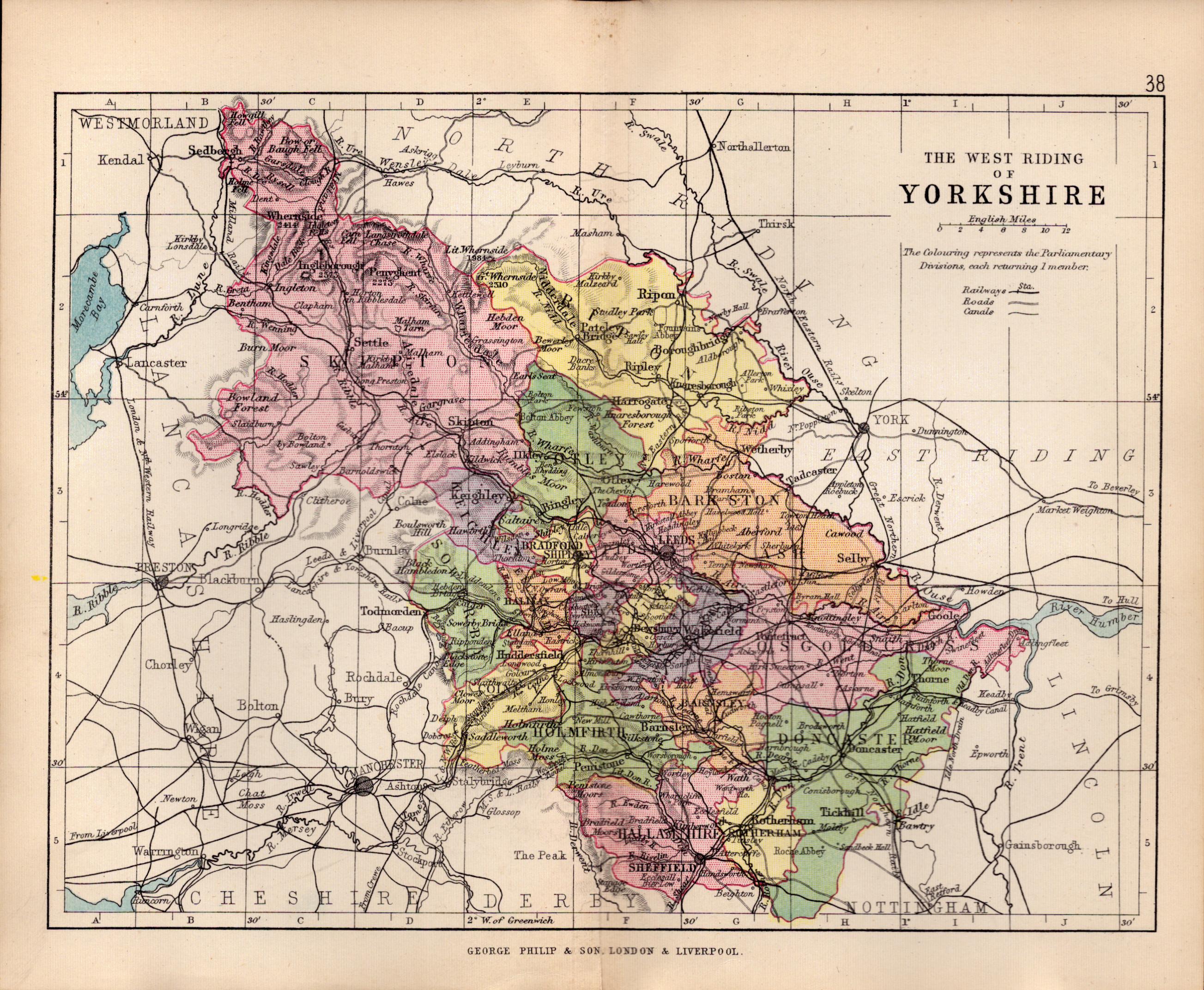 West Riding of Yorkshire 1895 Antique Victorian Coloured Map.