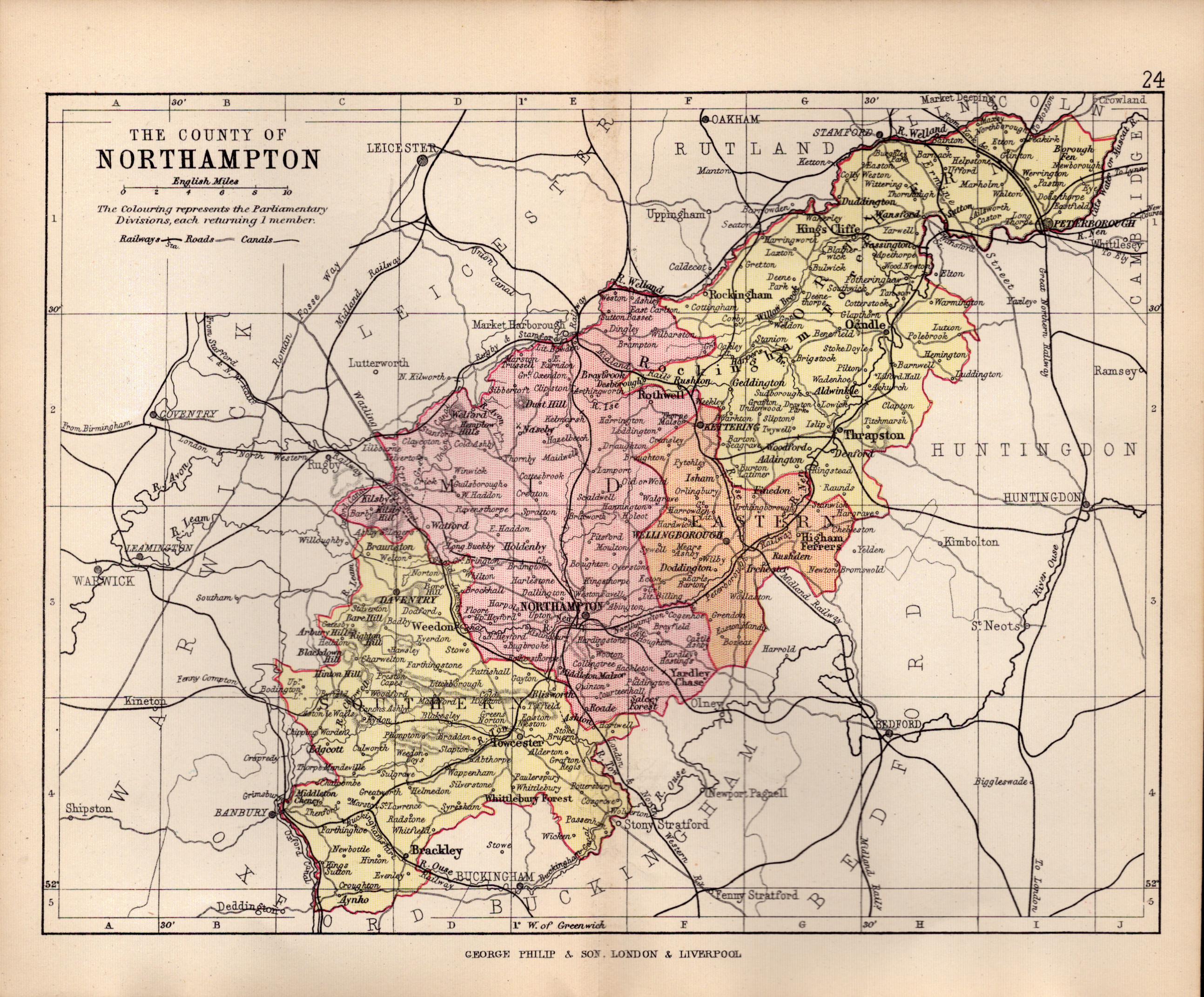 County Northamptonshire 1895 Antique Victorian Coloured Map.