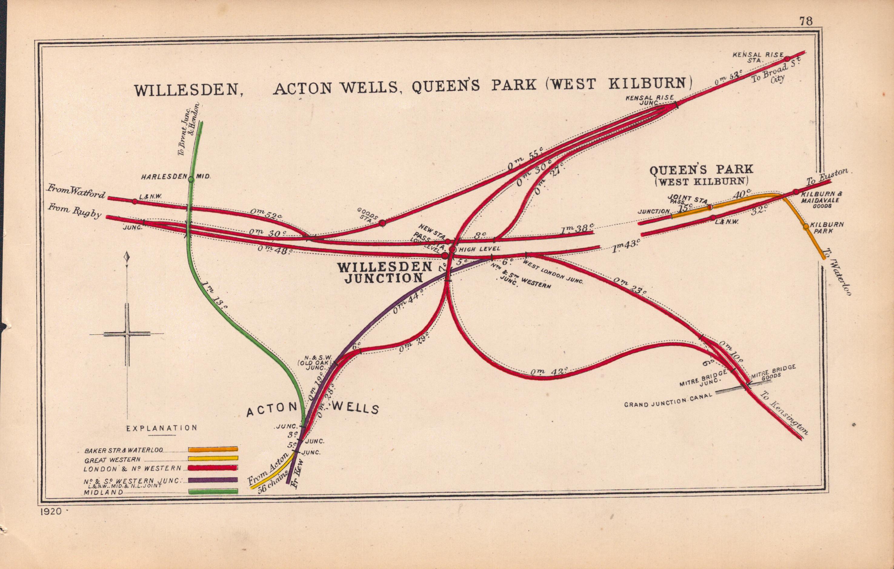 Willesdon Acton Kilburn London Antique Railway Junction Map-78.