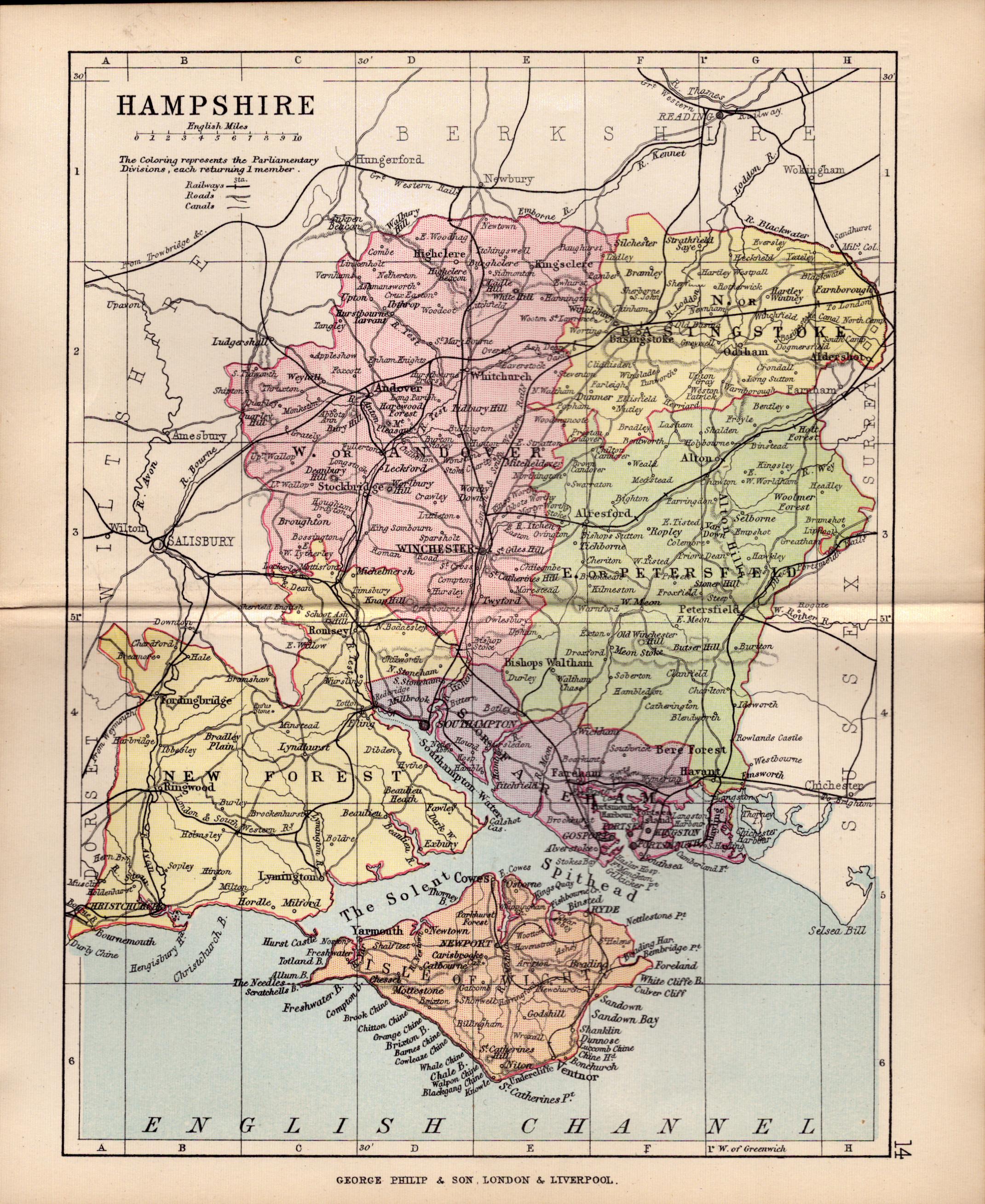 County Hampshire 1895 Antique Victorian Coloured Map.