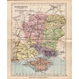 County Hampshire 1895 Antique Victorian Coloured Map.