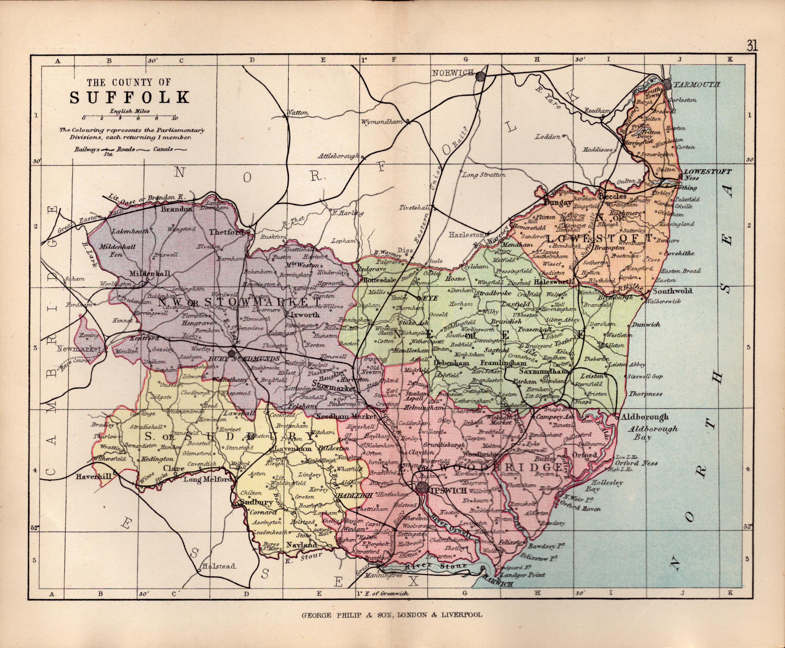 County Suffolk 1895 Antique Victorian Coloured Map.