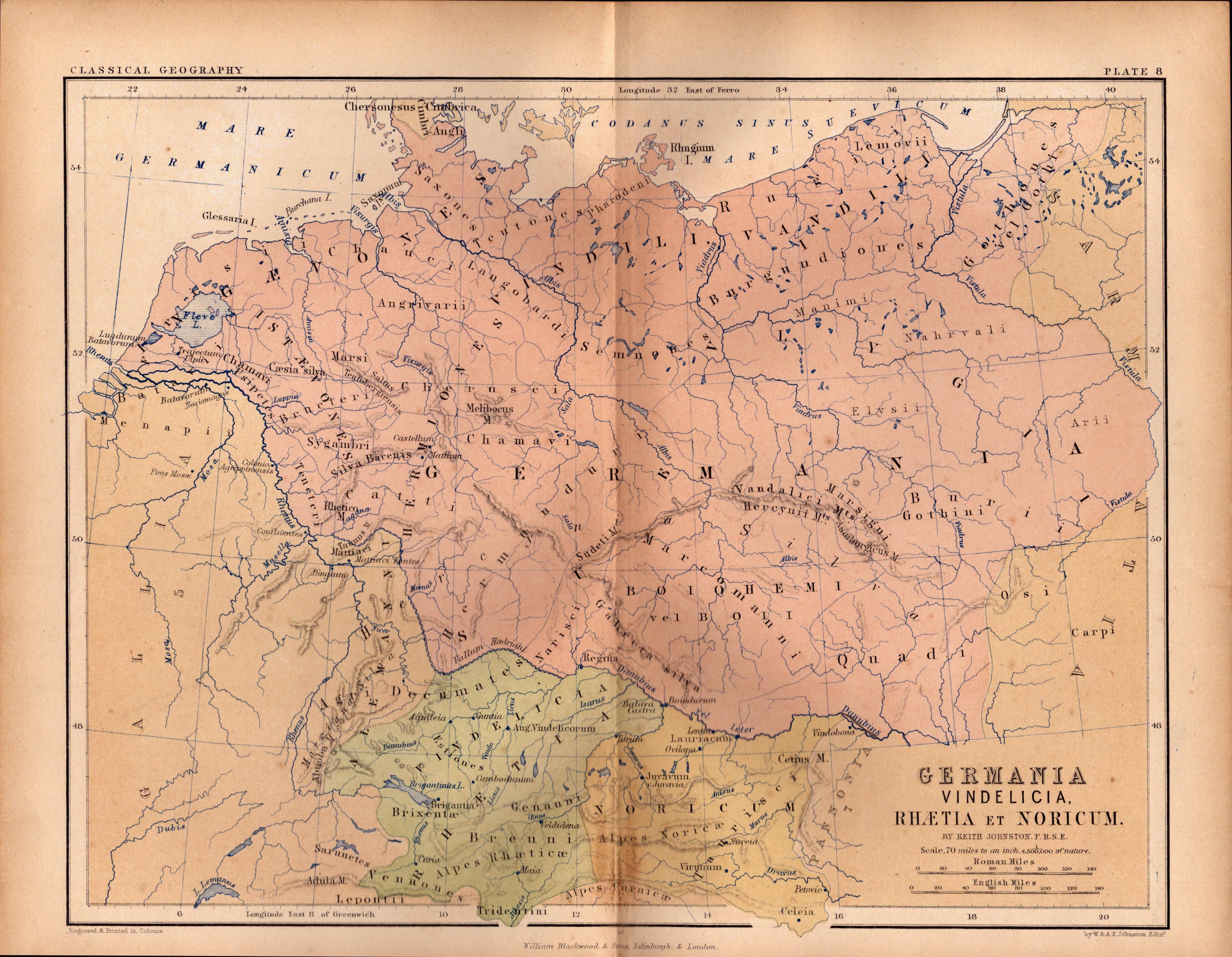 Antique 1867 Coloured Classical Geography Map Germania.