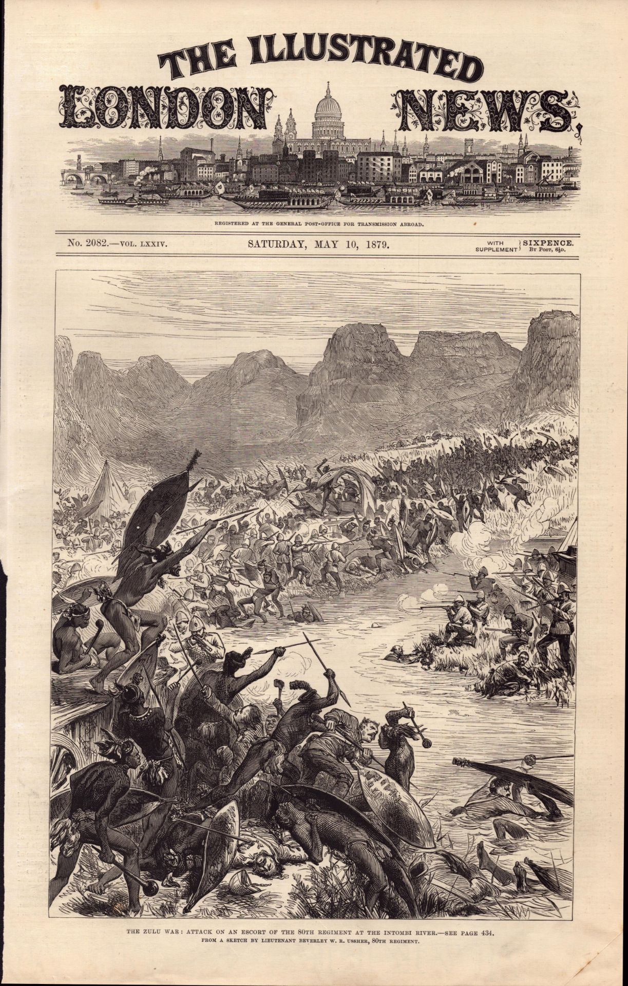 Zulu Wars Attack on The 80th Regiment 1879 Antique Woodcut Print.