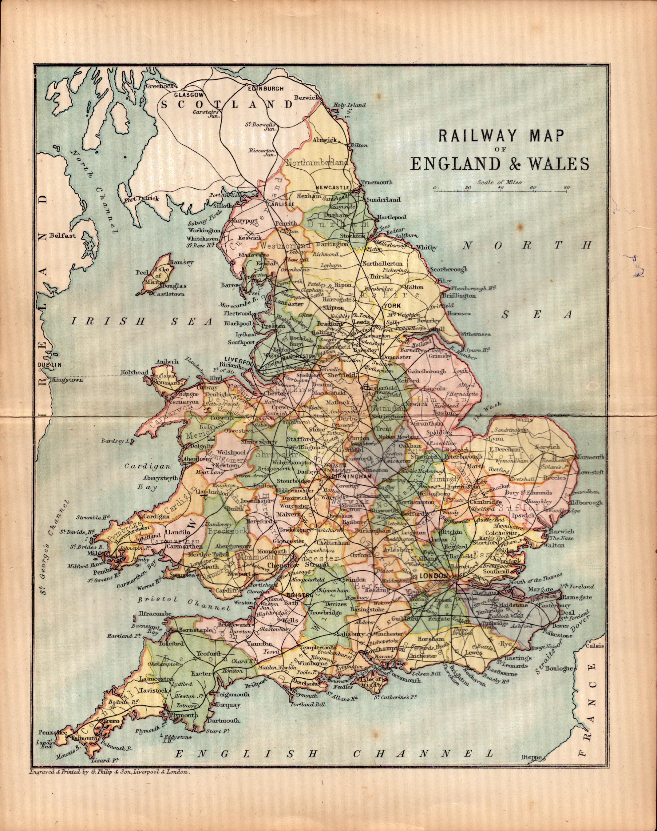 England & Wales Railway 1895 Antique Victorian Coloured Map.