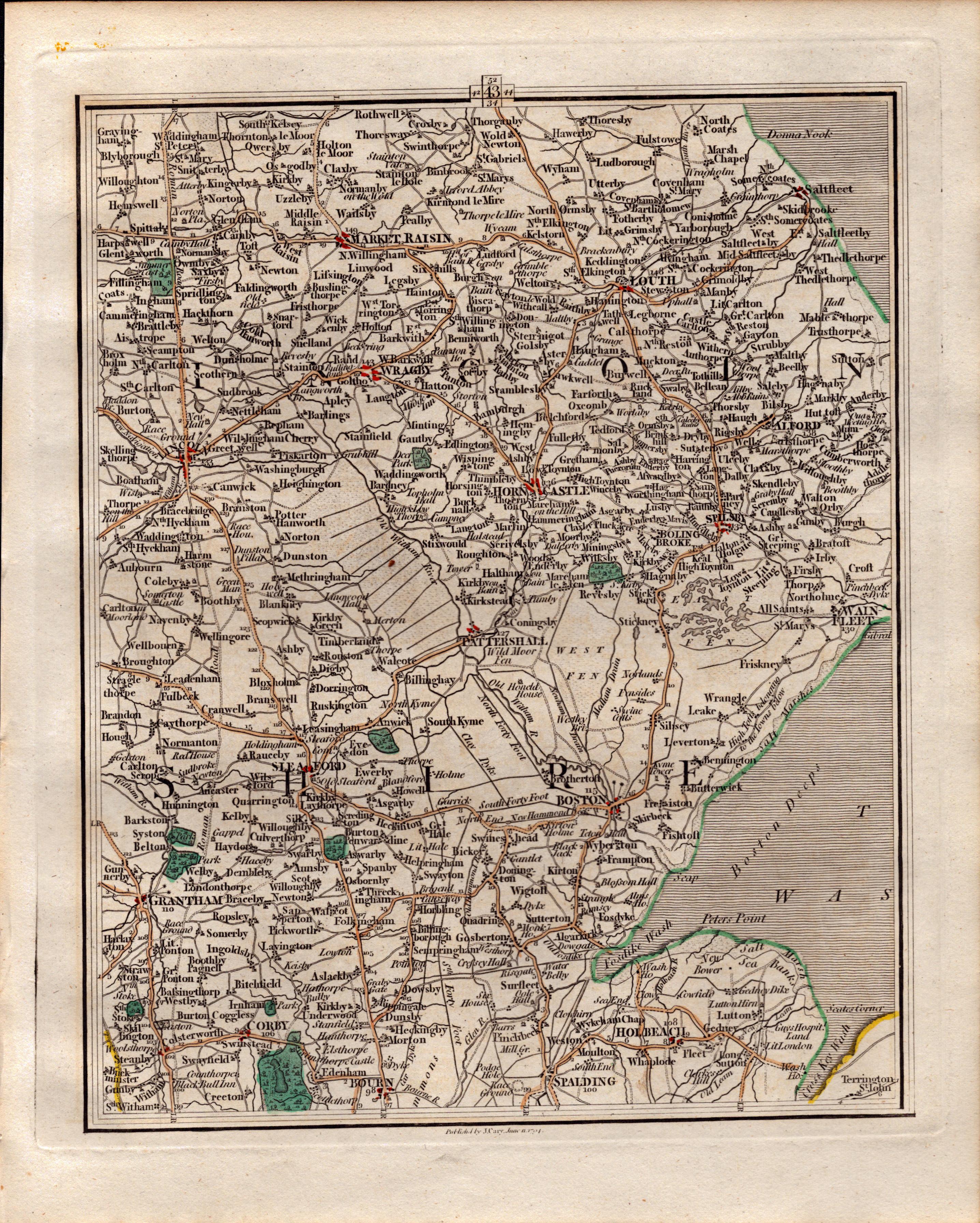 Lincolnshire Lincoln, Grantham, Boston, John Careys Antique 1794 Map-43.