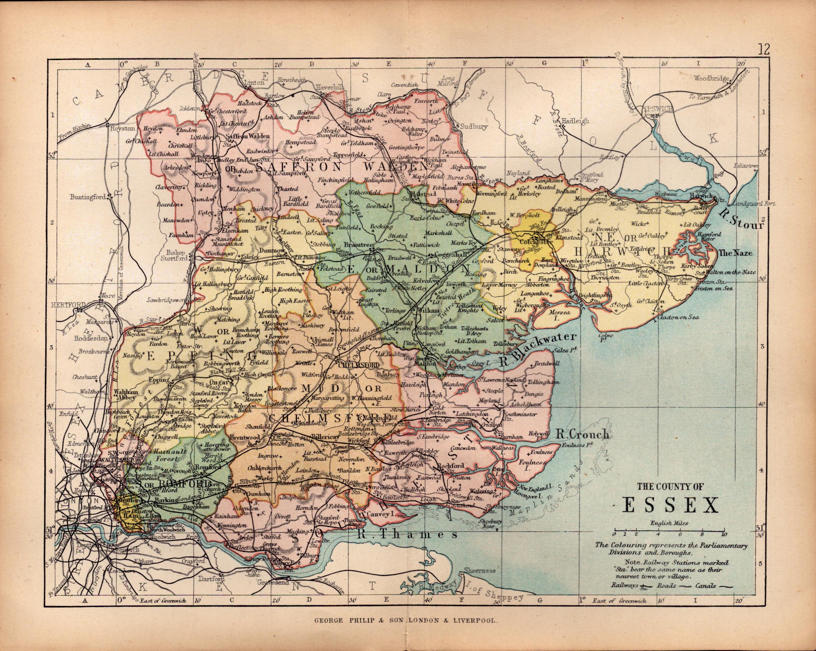 County Essex 1895 Antique Victorian Coloured Map.