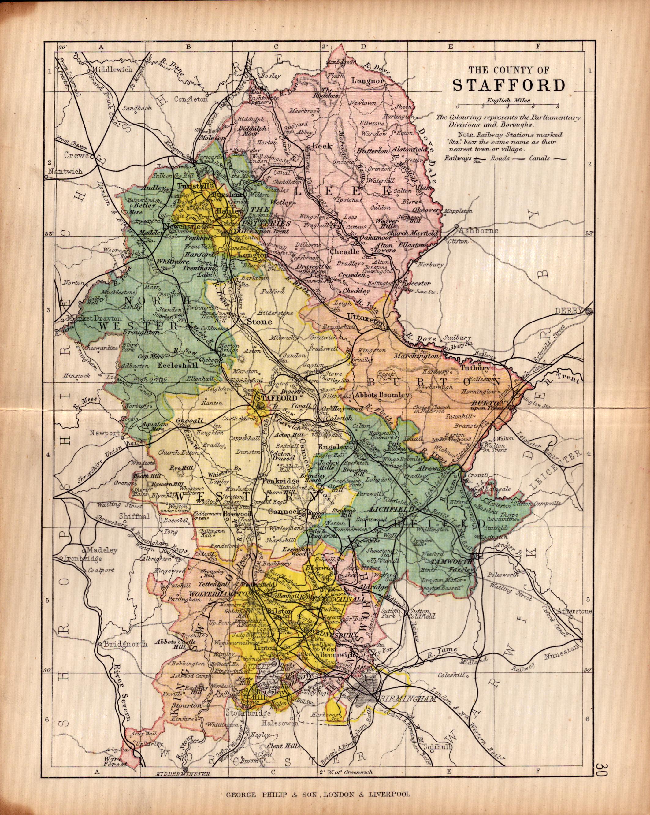 County Staffordshire 1895 Antique Victorian Coloured Map.