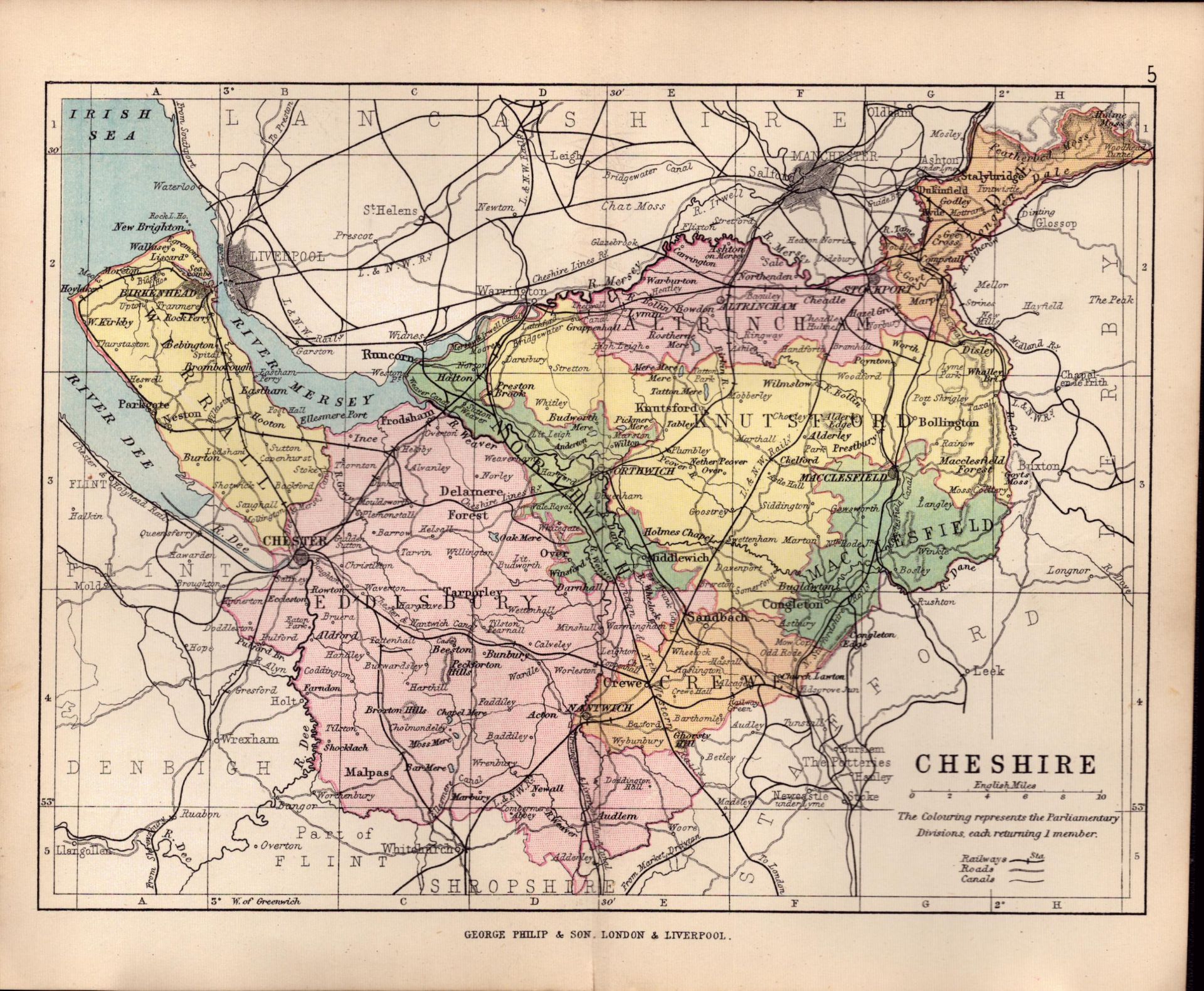 County Cheshire 1895 Antique Victorian Coloured Map.