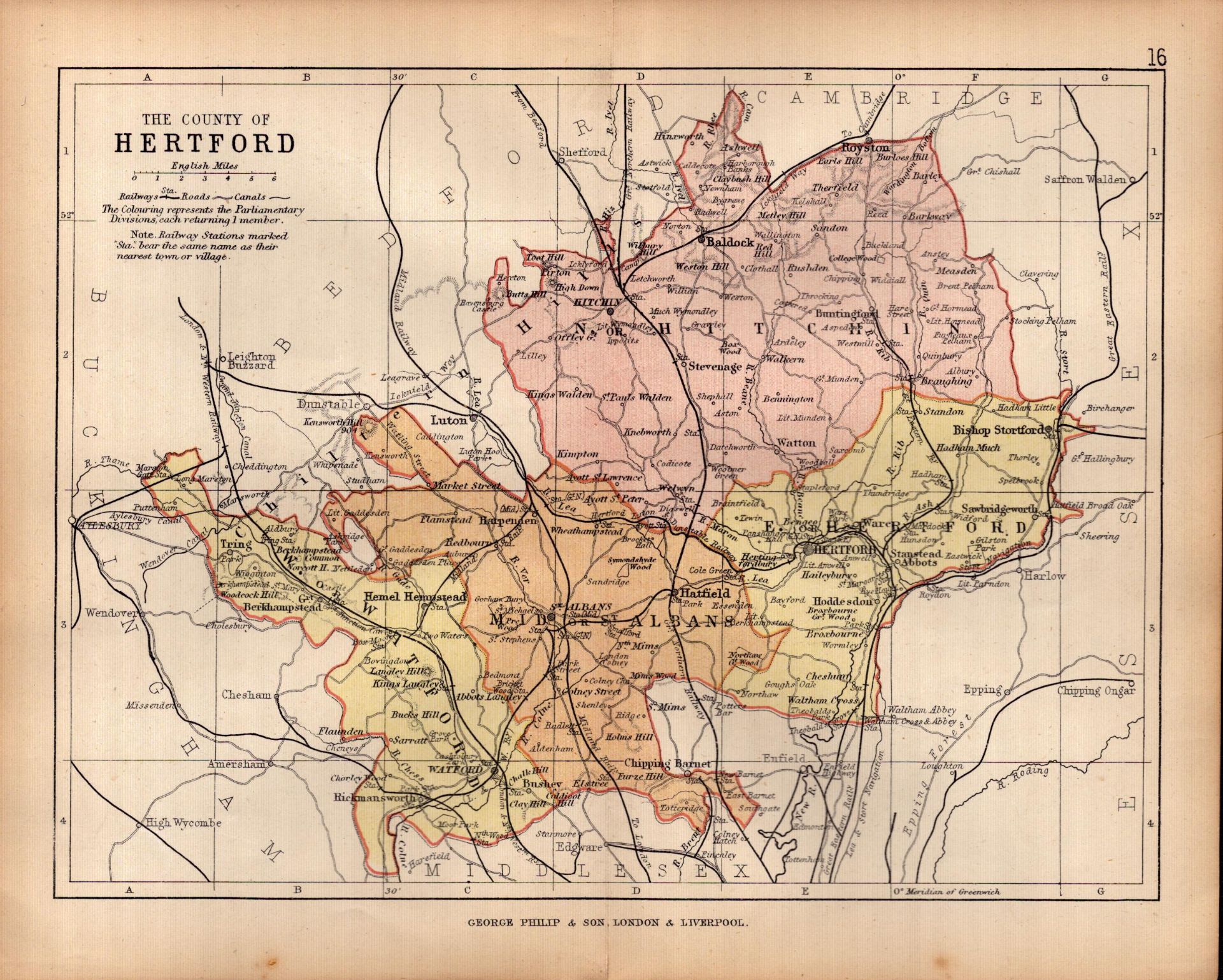 County Hertfordshire 1895 Antique Victorian Coloured Map.