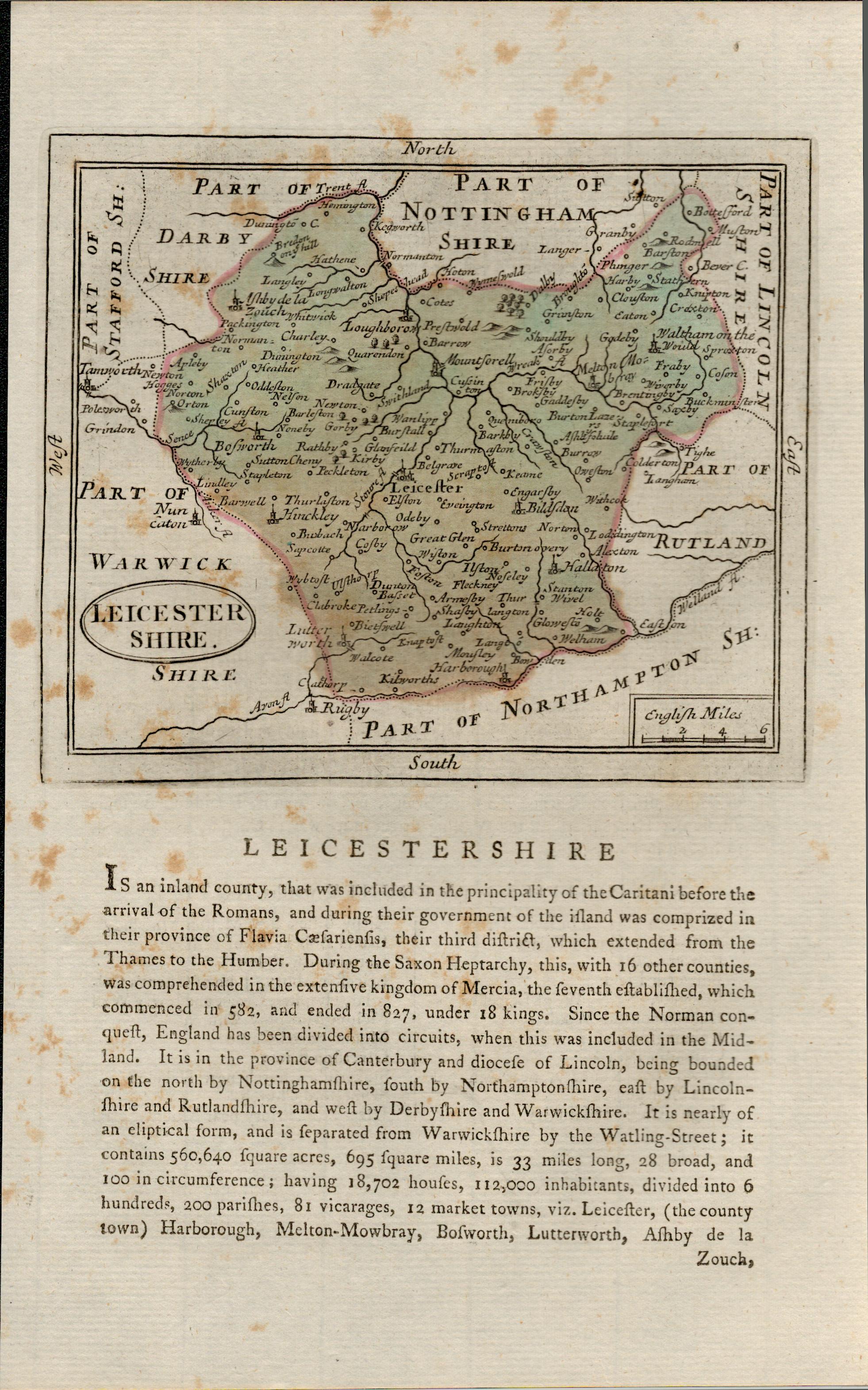 Leicestershire Antique c1783 F Grose Copper Coloured George III Map.